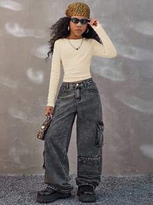 Coolane 青春期女孩四季纯色褶皱侧短款 T 恤 - 杏色 - 查看 3