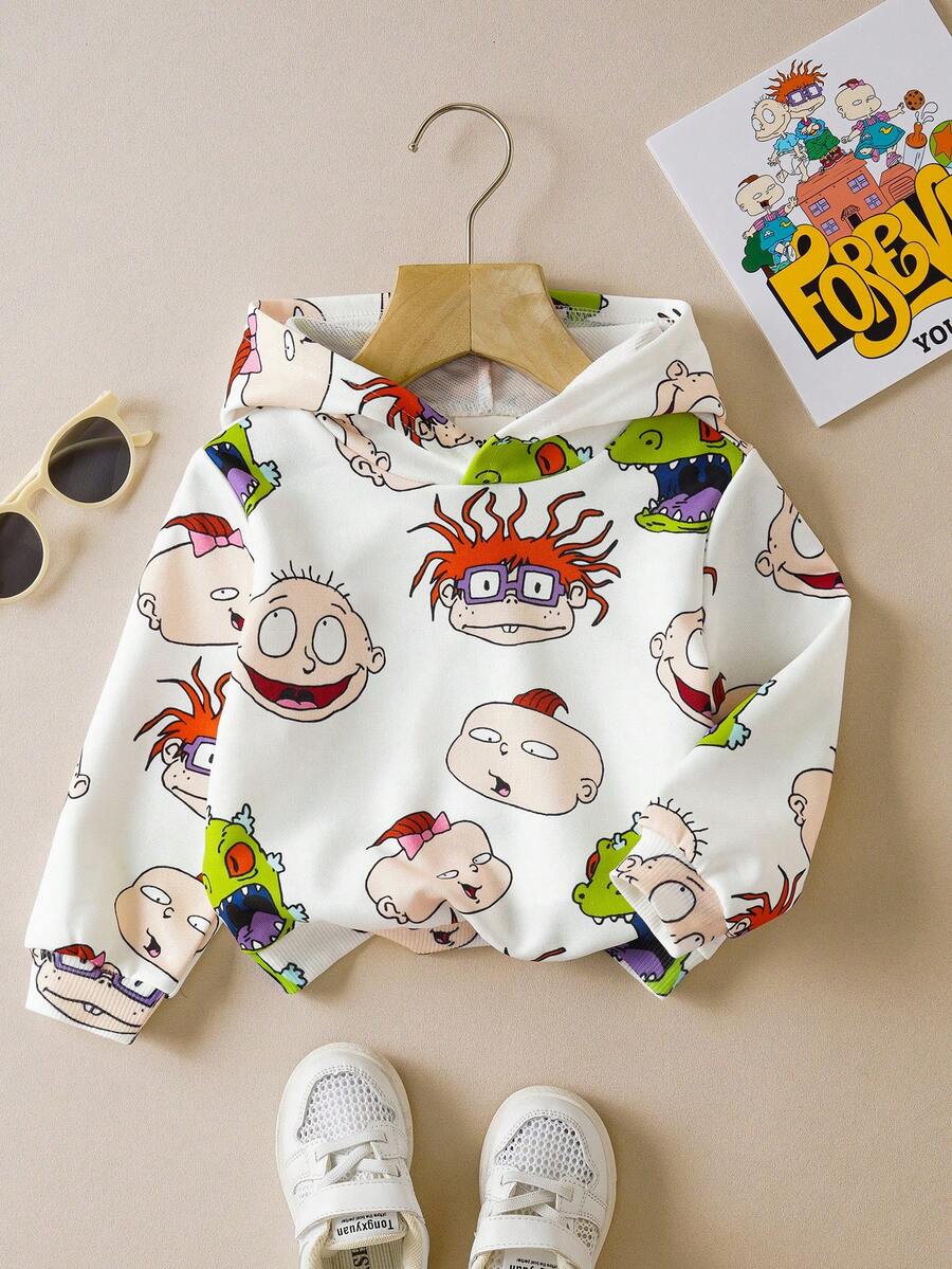 Nick 90s | SHEIN 男婴卡通绿色恐龙图案休闲白色连帽卫衣