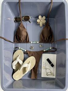 Swim Mod 纯色三角无钢圈露背装饰上衣和丁字裤比基尼泳裤女士夏季沙滩泳装套装 - 咖啡棕 - 查看 3