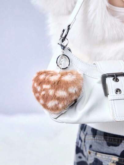 Kawaii 1pc Y2K Vintage Punk Chic High-End Faux Fur Leopard Print 3D Rivet Heart Crystal Hollow Cross DIY Keychain Bag Charm, Suitable For Women, Daily Wear, Holiday Gift