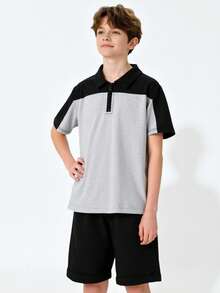 SHEIN Explorewe Tween Boy Summer Casual Daily Commute Sports College Style Contrast Color Half Zip Polo Shirt And Shorts Set - Black - View 1