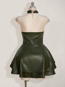 SHEIN ICON 大码Y2K时尚辣妹演唱会女装俱乐部派对节日锐舞装Y2K外出交叉绑带PU皮革露背迷你吊带黑色连衣裙 - 軍綠色 - 查看 2