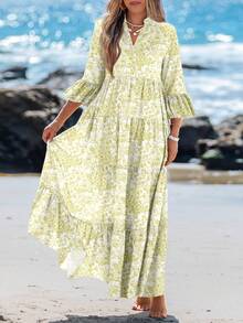 Sylviya Robe longue à manches longues plissée à col V avec motif floral casual, convenant pour les robes bohèmes d'été et d'automne pour femmes