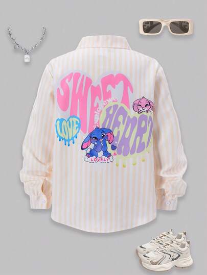 SHEIN ChillGRL Tween Girls ME 宽松休闲甜美可爱背部图案条纹长袖衬衫，适合日常、通勤、休闲、与朋友聚会