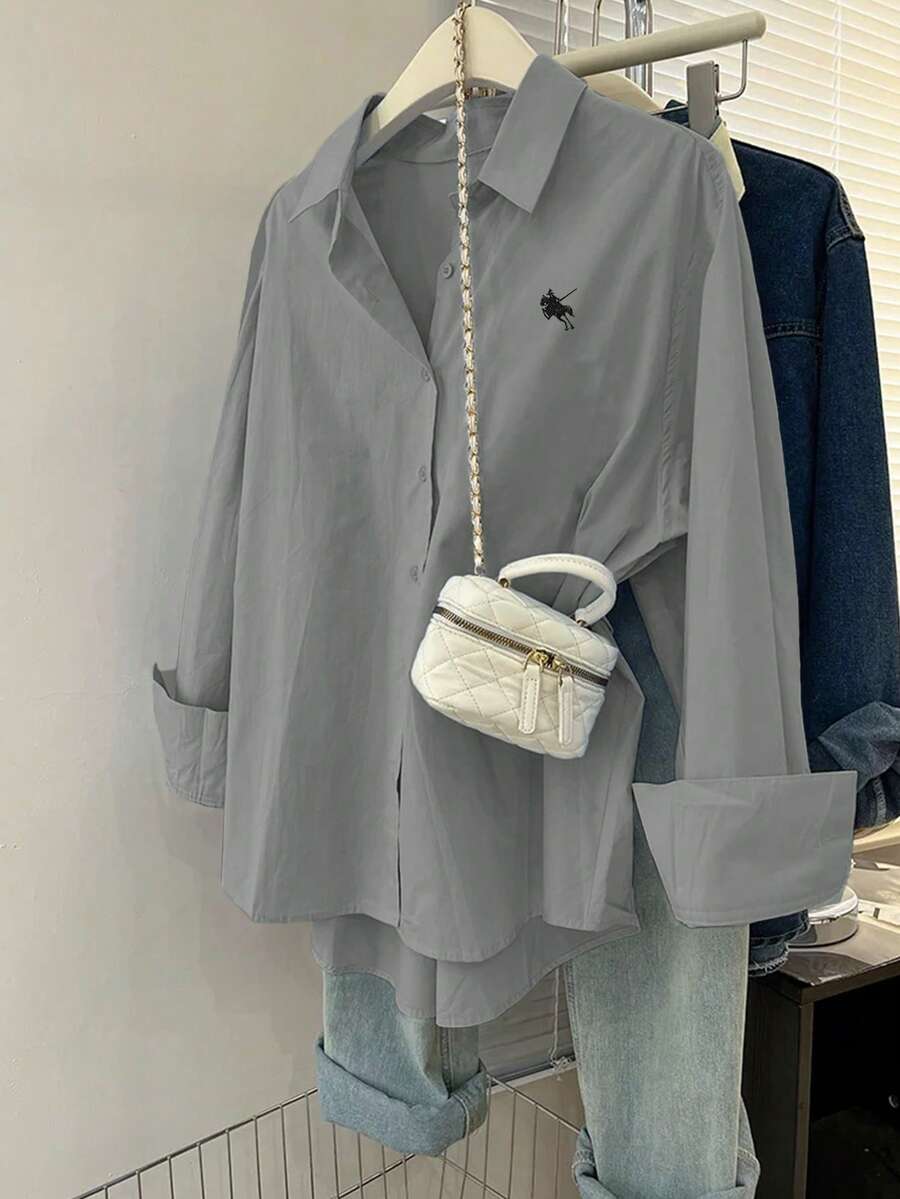 Resyla Plus Size Solid Color Long Sleeve Casual Shirt, Autumn - Grey - View 1