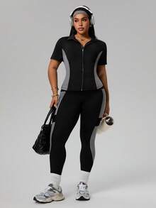 Rhythm Era Conjunto de 2 piezas de top de princesa con contraste de color en la cintura con cremallera y leggings ajustados con empalme de malla para mujer, conjunto deportivo casual para uso diario, correr, yoga, tallas grandes - Negro - Ver 3
