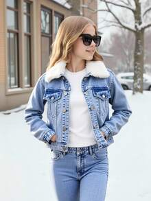 Teen Girls Casual Fashionable Versatile Blue Washed Denim 2-Piece Set, Detachable Furry Collar Design Simple Denim Top + Skinny Stretch Denim Pants, Essential Autumn/Winter Item For Stylish Girls
