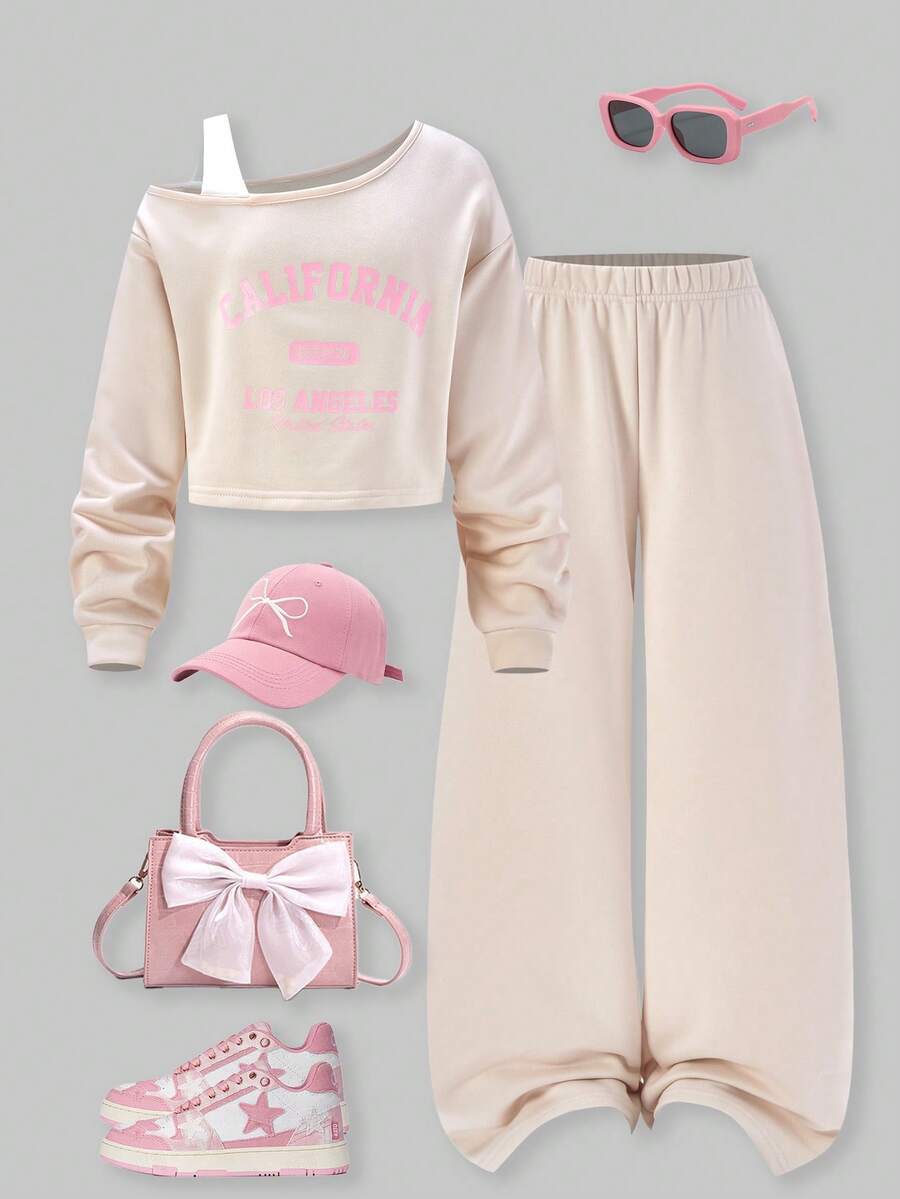 SHEIN Explorewe 2 件套 Tween Girls ME 宽松设计不对称肩部拼色印花长袖上衣和阔腿裤套装,适合日常休闲、通勤、度假、聚会、街头风格、秋冬 - 杏色 - 查看 1