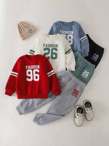 THE HAPPY LOOK 6 Stücke/Set Kleine Jungen Buchstaben Grafik Weicher Strick Rundhals Langarm Pullover & Hose mit Elastikbund