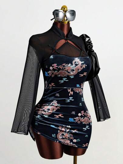 Mistrie 女士中国龙纹撞色网纱长袖纽扣设计复古丝绒连衣裙