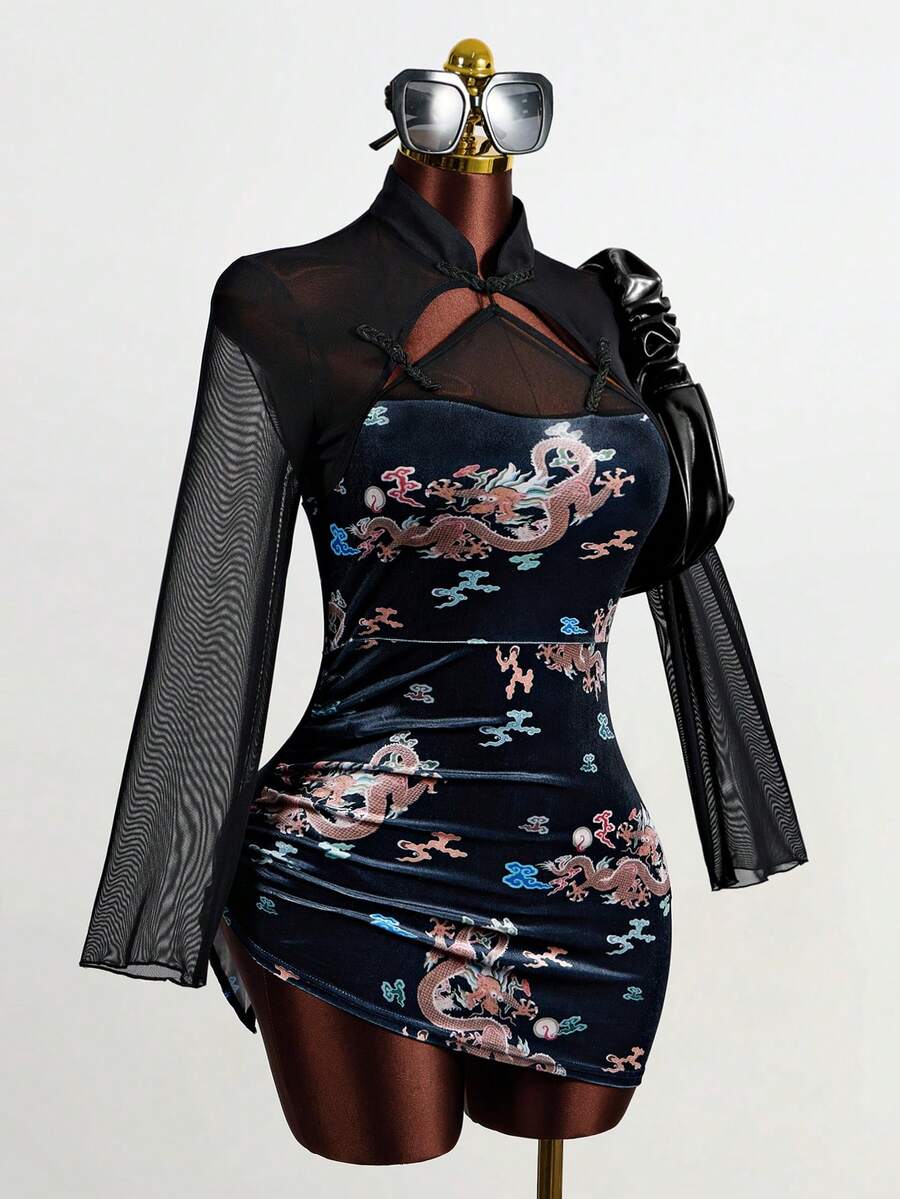 Mistrie 女士中国龙纹撞色网纱长袖纽扣设计复古丝绒连衣裙 - 藍色 - 查看 1