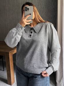 Dazy Plus 大码女式条纹拼接长袖Polo领休闲毛衣 - 灰色 - 查看 8
