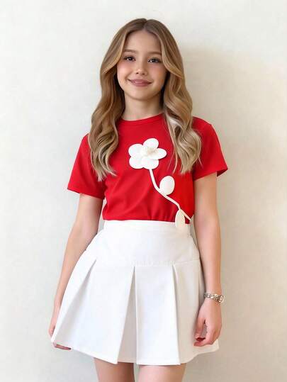 SHEIN Tween Girl Elegant Lady Gorgeous School Girl 3D Floral Round Neck Short Sleeve T-Shirt + Solid Color Mini Skirt Set
