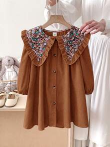 LMoss Kids 女童纯色拼接碎花彼得潘领休闲连衣裙 - 鏽棕色 - 查看 2