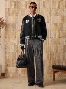 AKNOTIC 男士数字刺绣长袖单排扣休闲棒球夹克 - 黑色 - 查看 3