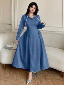 Modelyn Women's Casual Hooded Drawstring Waist Fitted Flared Gray Sweatshirt, Autumn/Winter - Blue - View 3