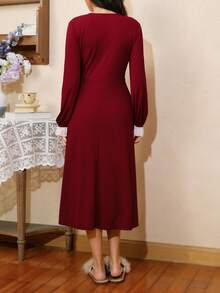 Côtesoire Camisón de mujer elegante francés de punto acanalado con encaje y contraste de color