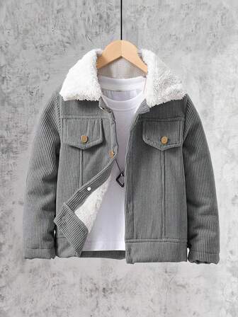 SHEIN Tween Boy Casual Retro Fleecejacka med Manchesterkrage, Lämplig för Skolutflykter Höst/Vinter