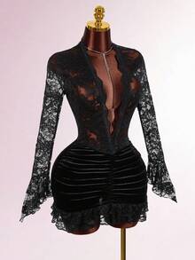 Amplova Váy ôm sát eo chữ V sâu cổ điển Giáng sinh - màu đen - Xem 5