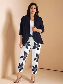 Comfylo 大码纯色夹克和花卉印花裤套装 - 藏蓝色 - 查看 2
