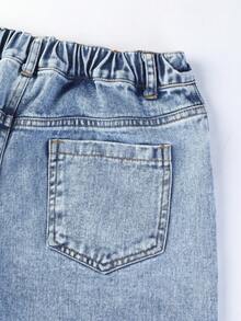 SHEIN ChillGRL 女童可爱小熊标语印花休闲牛仔裤 - 淺色水洗藍 - 查看 5