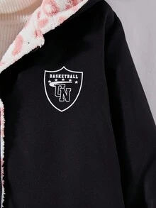 SHEIN ChillGRL 青少年女孩前扣长袖简约全身印花连帽夹克，适合日常休闲、度假、夏季、旅行 - 黑色 - 查看 6