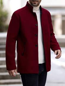 Manfinity Homme 男士休闲单排扣立领羊毛混纺大衣，秋冬款 - 酒紅色 - 查看 4