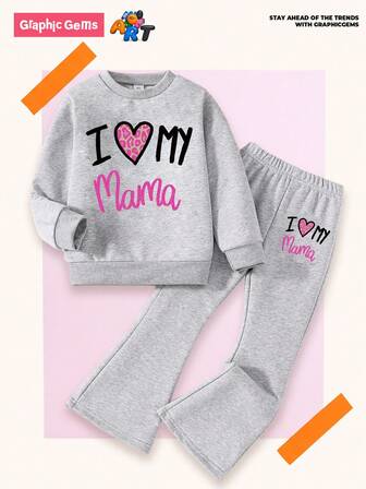 GraphicGems 2 Stücke Mädchen Outfit mit englischem Aufdruck, bestehend aus grauem Rundhals-Sweatshirt mit Langarm und grauer Schlaghose mit englischem Aufdruck, geeignet für alle Jahreszeiten