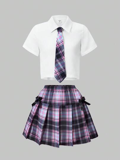 SHEIN ChillGRL 2 件套青少年女孩休闲甜美宽松领衬衫配领带和格子图案百褶裙衣服，适合日常、通勤、休闲、度假和与朋友聚会，春夏季服装，适合返校