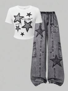 SHEIN ChillGRL 少女星星图案印花圆领 T 恤搭配针织花卉阔腿裤两件套，休闲夏季