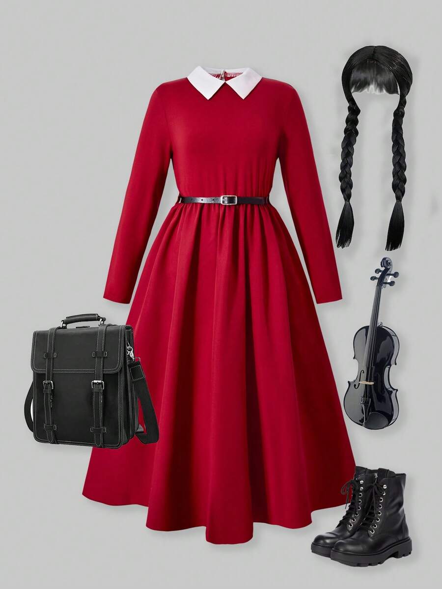 SHEIN ChillGRL 1pc Tween Girl Contrast Color Collar Long Sleeve Casual School Style Dress - Burgundy - View 1