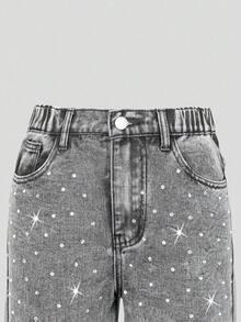 SHEIN ChillGRL 青少年女孩灰色时尚休闲水钻装饰宽松阔腿水洗牛仔裤