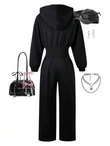 SHEIN ChillGRL 青少年女孩连帽拉链运动衫和高腰保暖衬里裤连体衣 - 黑色 - 查看 2