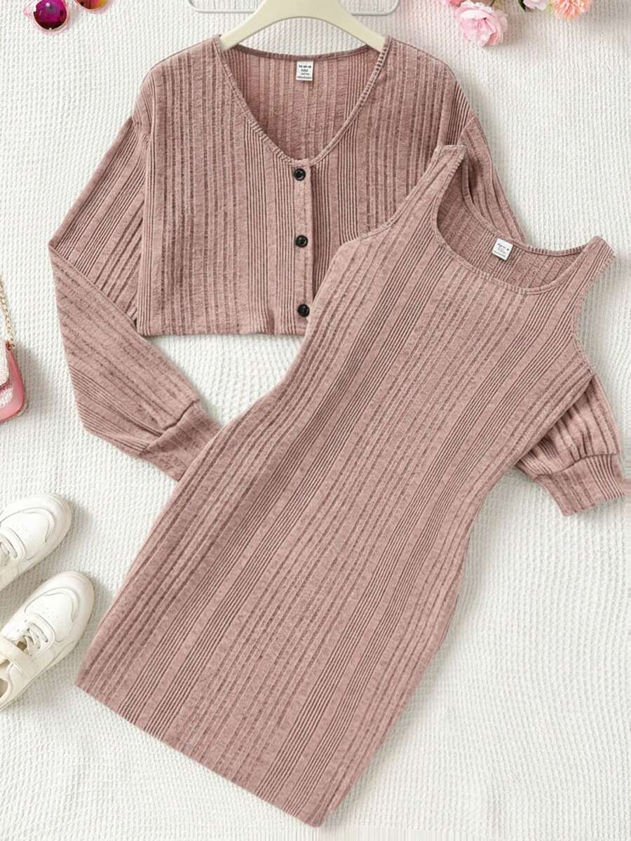 SHEIN 2pcs/Set Teenage Cerise Pink Dress & Textured Cardigan,Autumn Casual Graduation Outfit,Button Front Long Sleeve Collared School Party Vacation Dress - Pink - View 1