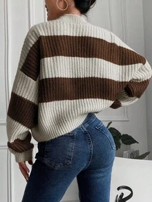 EURMUSE Women Contrast Color Striped Print Front Button Long Sleeve Cardigan - Coffee Brown - View 2