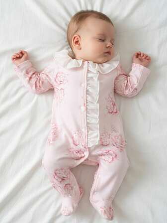 SHEIN Newborn Girls' Elegant Pink Rose Adorable Footie Jumpsuit