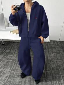Manfinity BRENVOR 男士街头时尚刺绣连帽衫长袖卫衣 - 藏蓝色 - 查看 4