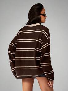 MISSGUIDED Striped Knitted Rugby Top Long Sleeve Pullover Sweater With Collar Detail Fall Winter Casual - Brown - View 2