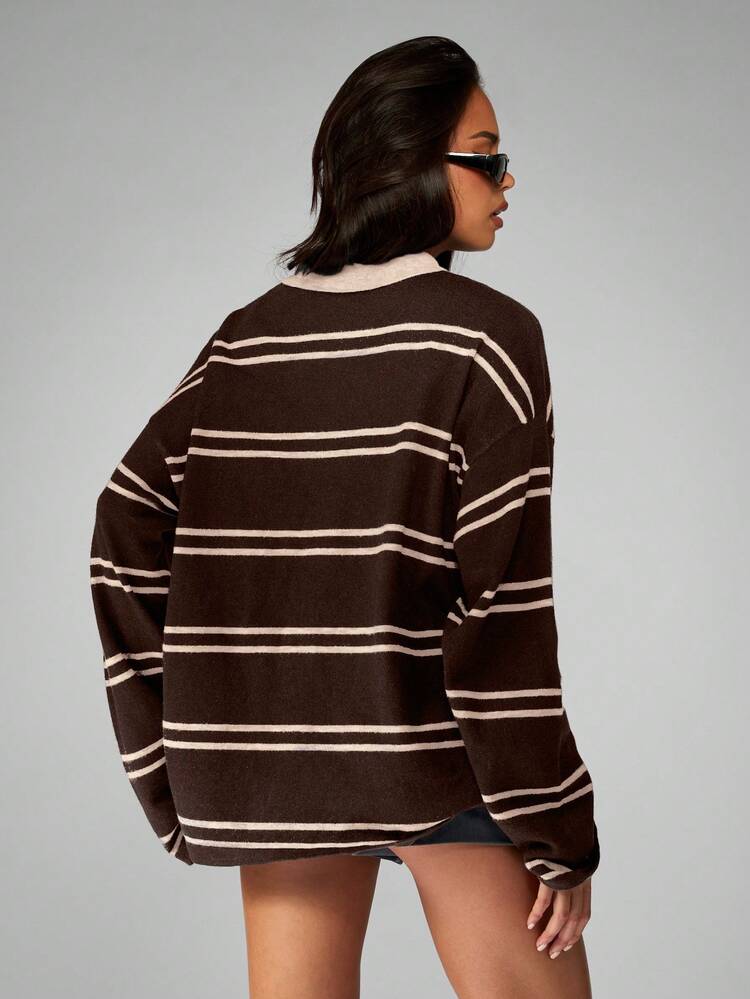 MISSGUIDED Suéter de rugby de punto a rayas de manga larga con cuello, informal para otoño e invierno