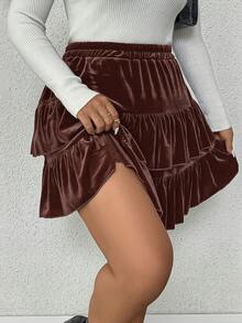 SHEIN Clasi 加大码双层荷叶边天鹅绒休闲迷你裙 - 棕色 - 查看 5