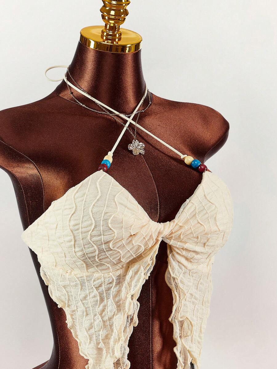 Amplova Y2K Sexy  Women's Y2K Twist Design Open Hem Sexy Criss-Cross Halter Neck Camisole White Top Elegant Dress Women Summer Outfits Casual Blouses For Women Cross-Color Beaded Vacation-Style Semi-Sheer Double-Layered Hem With Lace Twisted Fitted Textured Striped Mini Top - Apricot - View 1