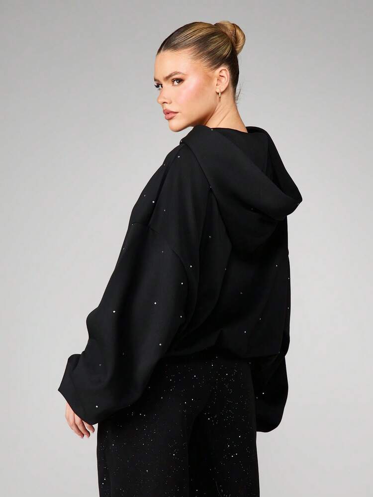 MISSGUIDED Sparkly Studded Black Zip Through Hoodie With Drawstring For Winter Fashion Casual Wear Long Sleeve Comfortable Oversized Style