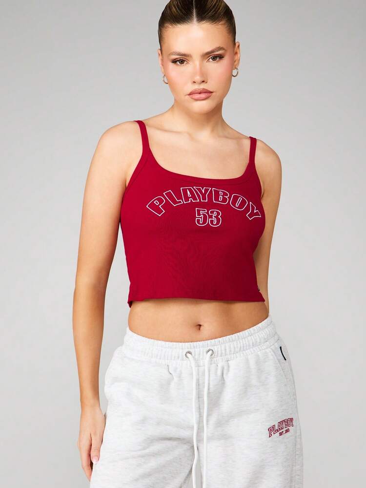 Missguided x Playboy Square Neck Ribbed Crop Tank Top With Chest Logo Print For Casual Summer Days