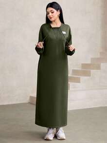 Graceveil 女士休闲抽绳装饰宽松圆领长款连帽衫，棕色，秋冬款 - 軍綠色 - 查看 3