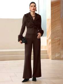 Modelyn 2pcs/Set Grey Faux Fur Trim Knit Top And Straight Leg Pants Set, Autumn/Winter - Coffee Brown - View 4