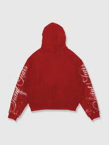 ROMWE MEN Street Life 春季休闲印花红色男士休闲抽绳连帽长袖朋克创意时尚拉链卫衣，Y2K - 紅色 - 查看 2