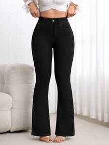 SHEIN PETITE 女士纯色高腰修身休闲百搭日常喇叭牛仔裤 - 黑色 - 查看 7