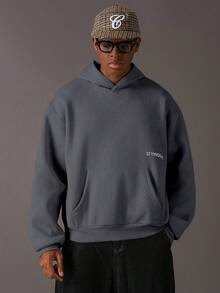 STYNVO Áo hoodie nam tay dài vai rớt, in chữ thời trang, màu xám phong cách Y2K, dáng rộng, kiểu đường phố, thể thao, lót giữ nhiệt. - Xám - Xem 4