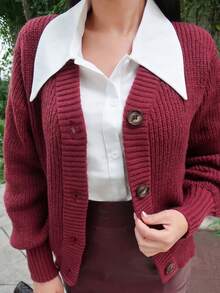 Durrani Popal Burgundy Red Solid Button Front Cardigan Fall Winter Cloth For Women