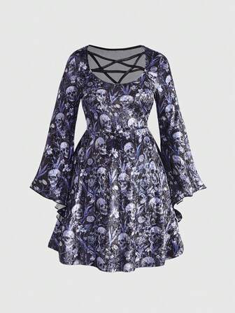 Goth Plus Size Pentagram Hollow Neck Design Cinched Waist Velvet Dress For Women